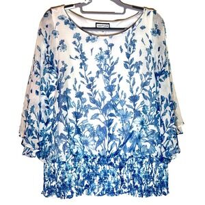 Sam & Jess Women's Large NWT Blue & White Floral Print Blouse w/ Elastic Waist